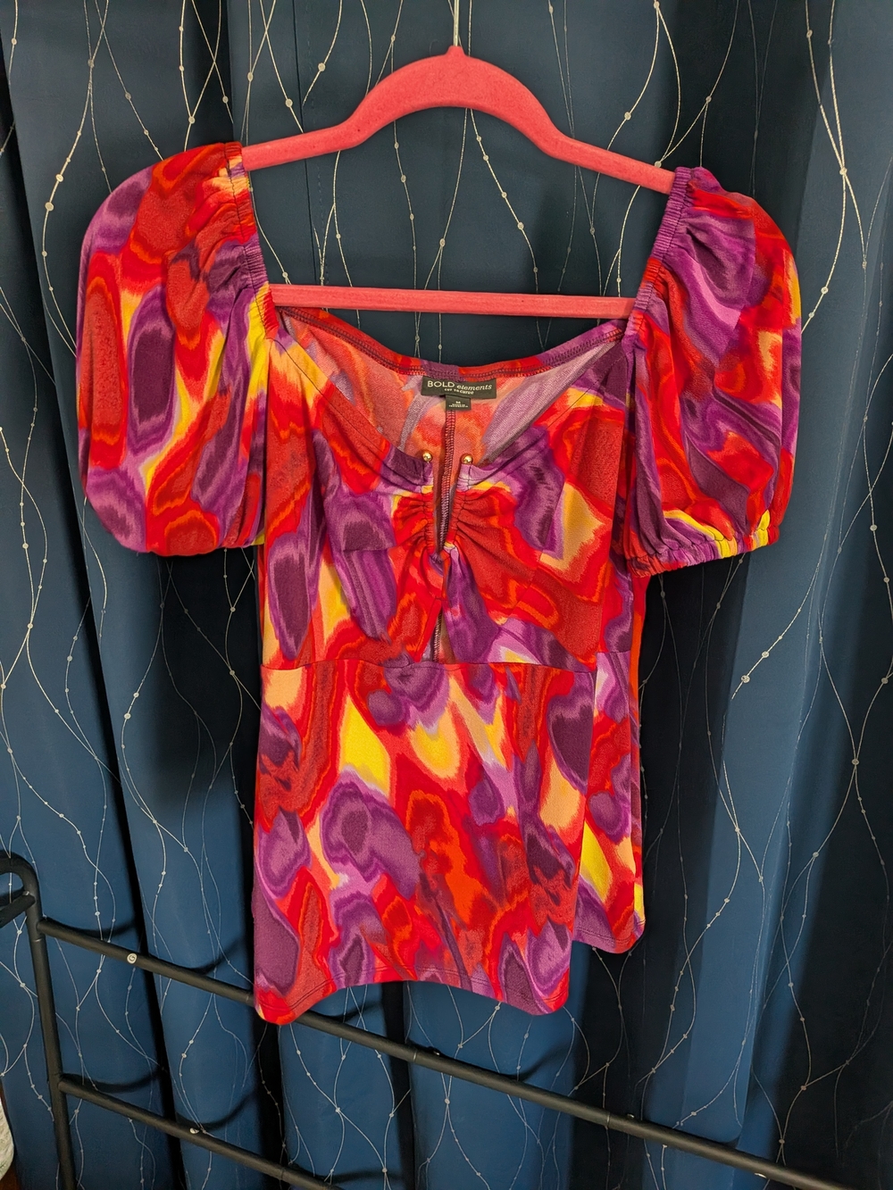 BOLD elements Red Pink Purple Tie-Front Puff Sleeve Square Neck Top